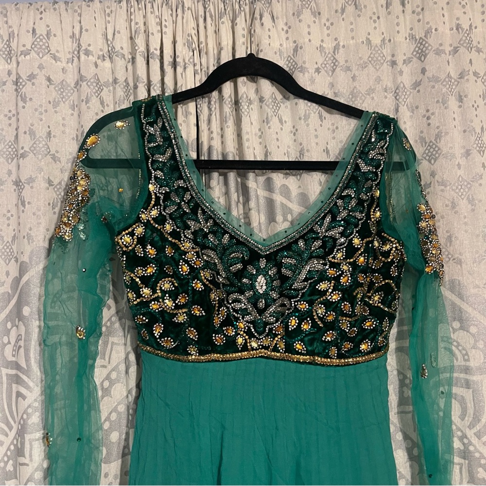 Womens Indian Pakistani Anarkali Suit Kurta Green Teal Stonework Design Size 32